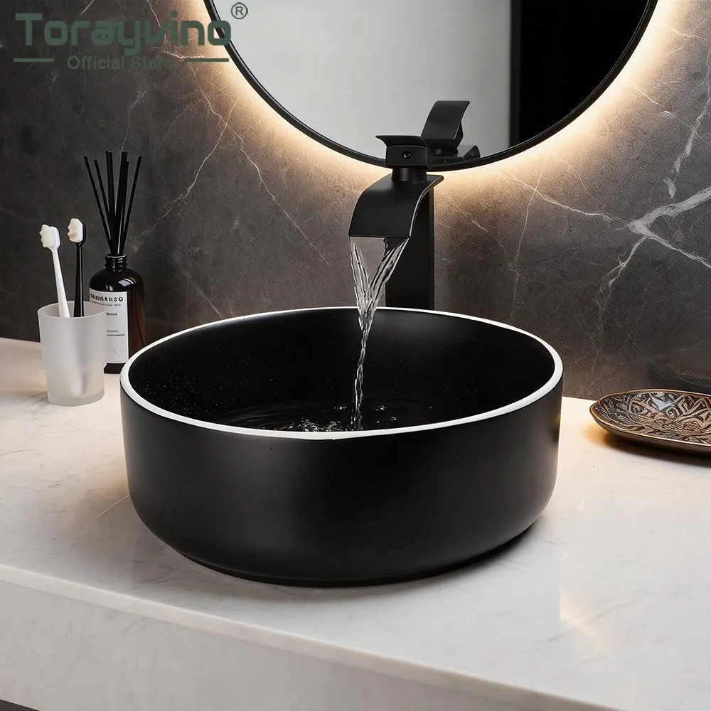 Torayvino Round Ceramic Bathroom Basin Art Vessel Vanity Counter Top Black Sink Mixer Waterfall Faucet with Pop-up Drain Set