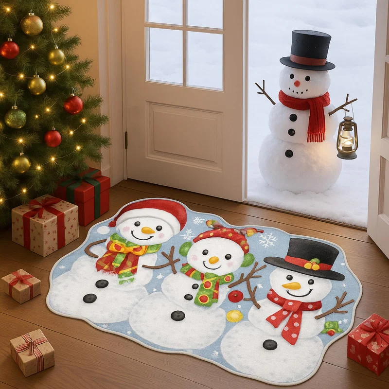VIKAMA Christmas Snowman Rug Holiday Decor Three Snowmen Mat Light Blue Cozy Floor Rug for Entryway Christmas Holiday Decor