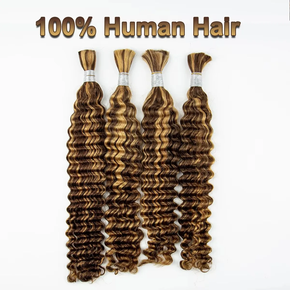 Cabelo Humano Encaracolado em Massa para Trançar, Onda Profunda, 100% Cabelo Virgem, Tranças Boho, 4-27 Cores, 16A, 3-Pac