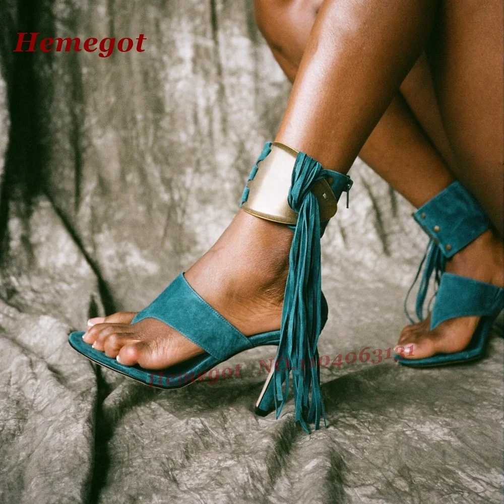 Suede Blue Stiletto Heels Women's Sandals Fringe Clip Toe Tassel Sandals Back Zipper Summer 2026 New Patchwork Casual Shoes Sexy