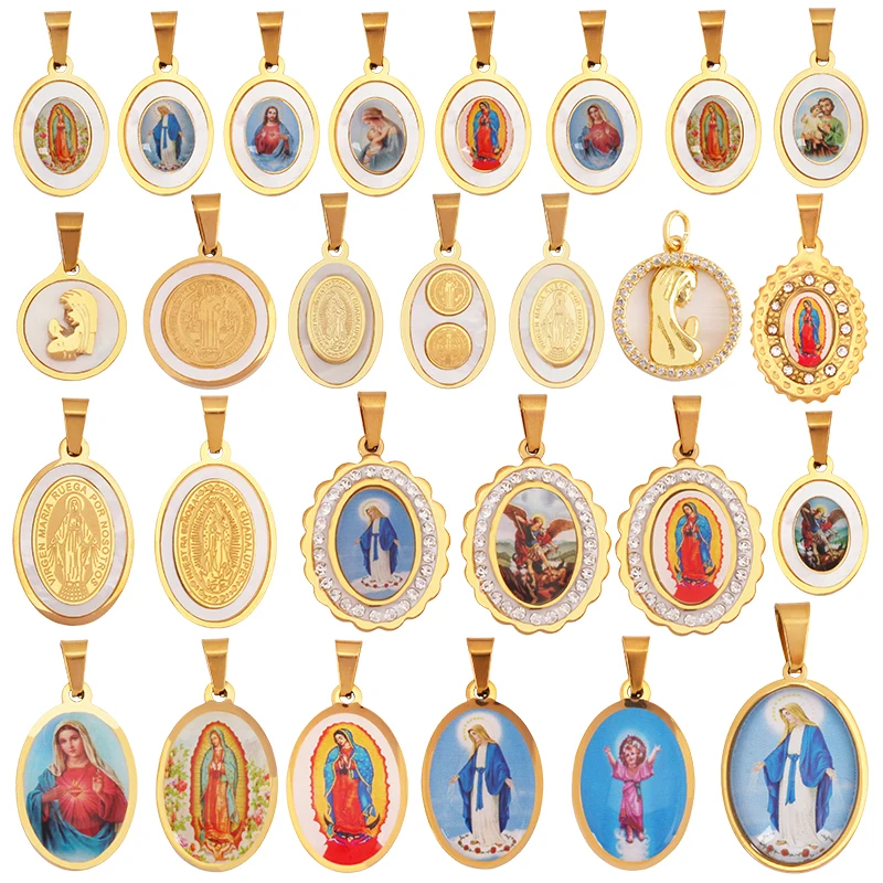 316 Stainless Steel Holy Religious Jesus Virgin Mary Charm Geometry Pendant,18K Gold Plated Rhinestone Jewelry Necklace K87