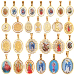 316 Stainless Steel Holy Religious Jesus Virgin Mary Charm Geometry Pendant,18K Gold Plated Rhinestone Jewelry Necklace K87