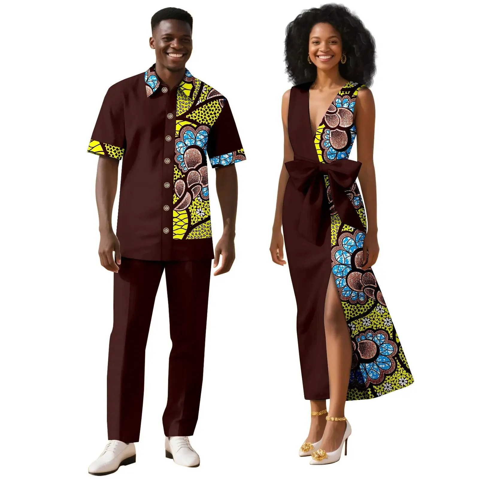African Sexy Print Split Dashiki Dresses Couple Matching Outfits Women's Top And Pant Sets for Wedding Party