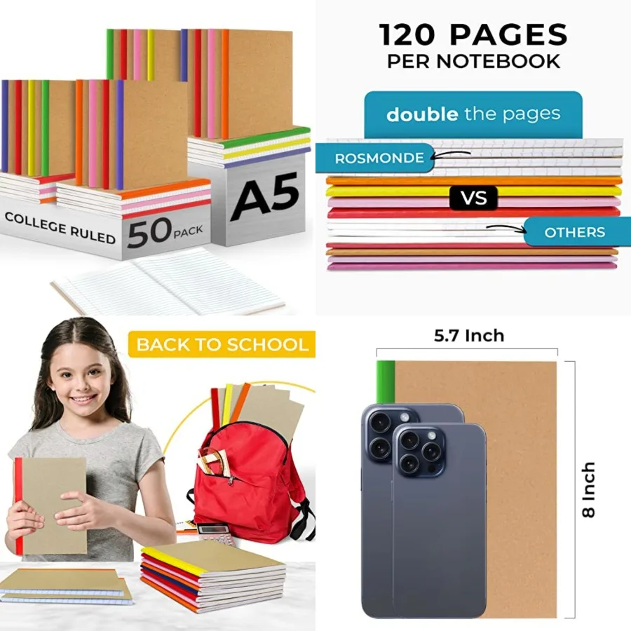 

Kraft Journals, A5, Extra Pages - 120 Pages 60 Sheets,College Ruled, 8 x 5.7, No-Bleed Paper, Bulk Composition Notebooks Lined,