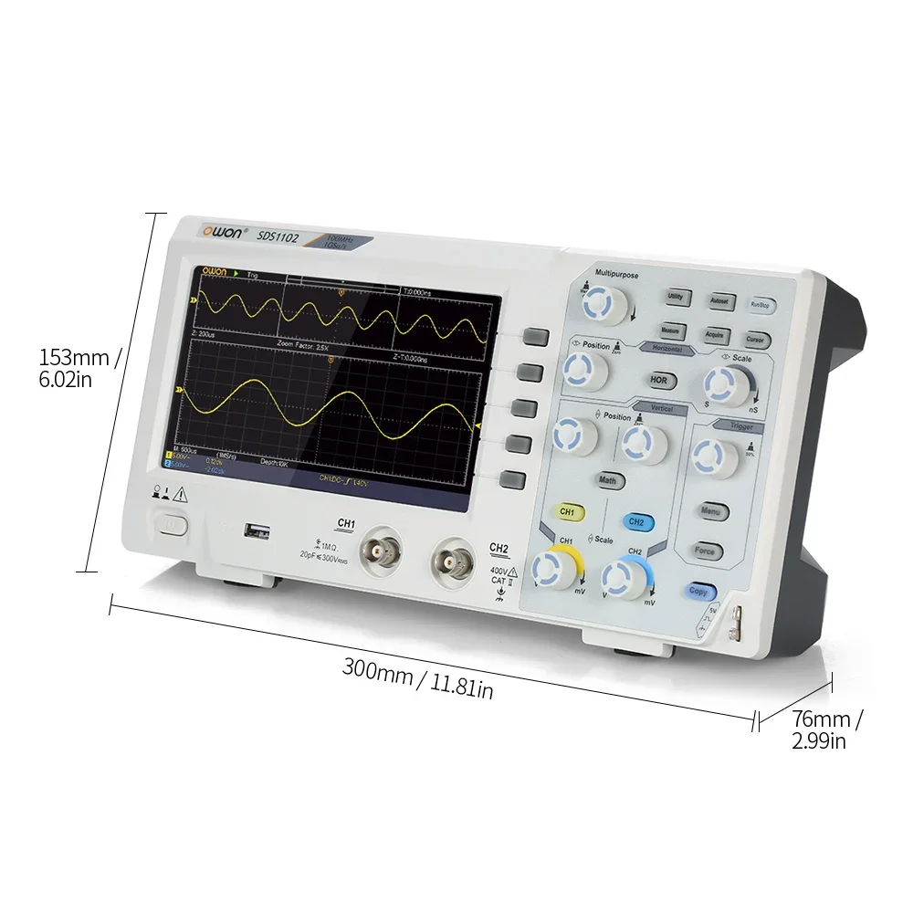 Owon SDS1102 2CH 1GS/s 8 Bits Osciloscopio Digital Oscilloscope 100MHZ Bandwidth High Accuracy 7in Screen Digital Oscilloscopes