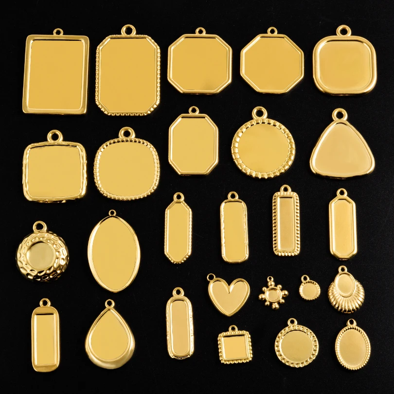 5pcs Gold Color Blank Cabochon Base Setting Charm Rectangle Square Geometric Stainless Steel Pendant For Jewelry Making Supplies