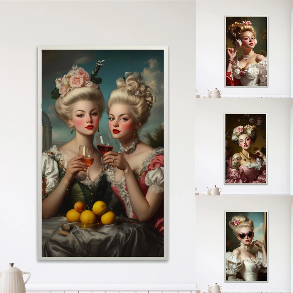 Baroque Sisters Dessert Portrait Prints Rococo Twin Ladies Wall Art Poster Elegant Whimsical Gallery Print Aesthetic Luxury Art