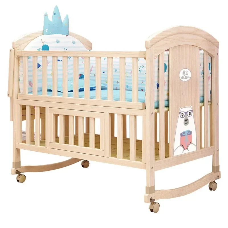 

Crib Solid Log Lacquer-free Newborn Bb Bed Multi-functional Movable Children's Bed Splicing Queen Bed