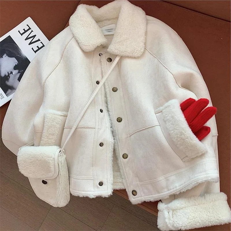 

Any Pu! Women's ort Suede Lamb Fur Jaet Winter Loose Skin-and-Hair Inteated Korean Sle Anti-aging Outerwear
