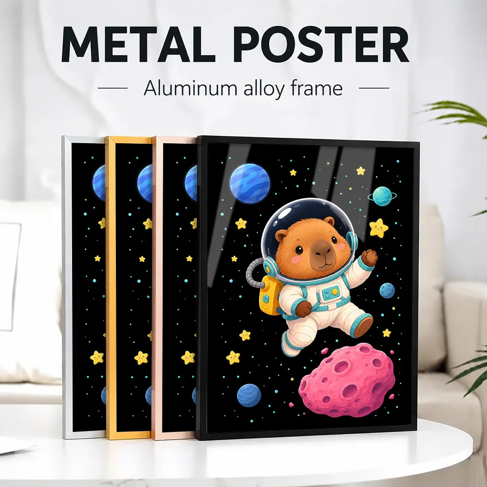 Capybara Astronaut In Space Framed Metal Poster Personalized Photo Deep Universe Style Wall Art For Home Office Collector Gift