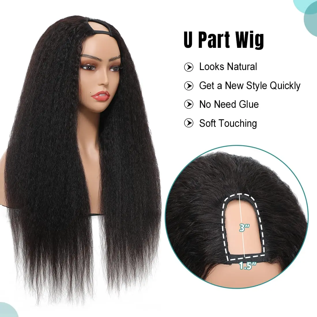 Synthetic 12-30 inch Yaki Half U Part Hair Wig Kinky Straight for Black Women Italian Upgraded Shape Clip in Wigs Hair Extension