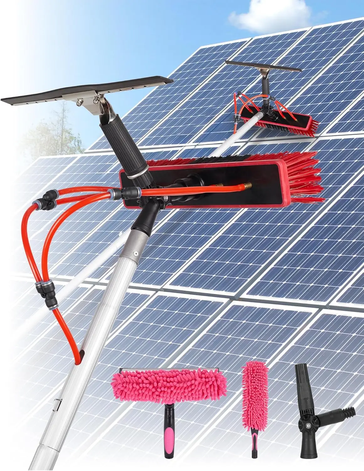 40Ft Solar Panel Cleaning Brush & Squeegee, 2 Dusting Brush, Lightweight & Extendable Poles, Water Fed Poles Kit For Roof