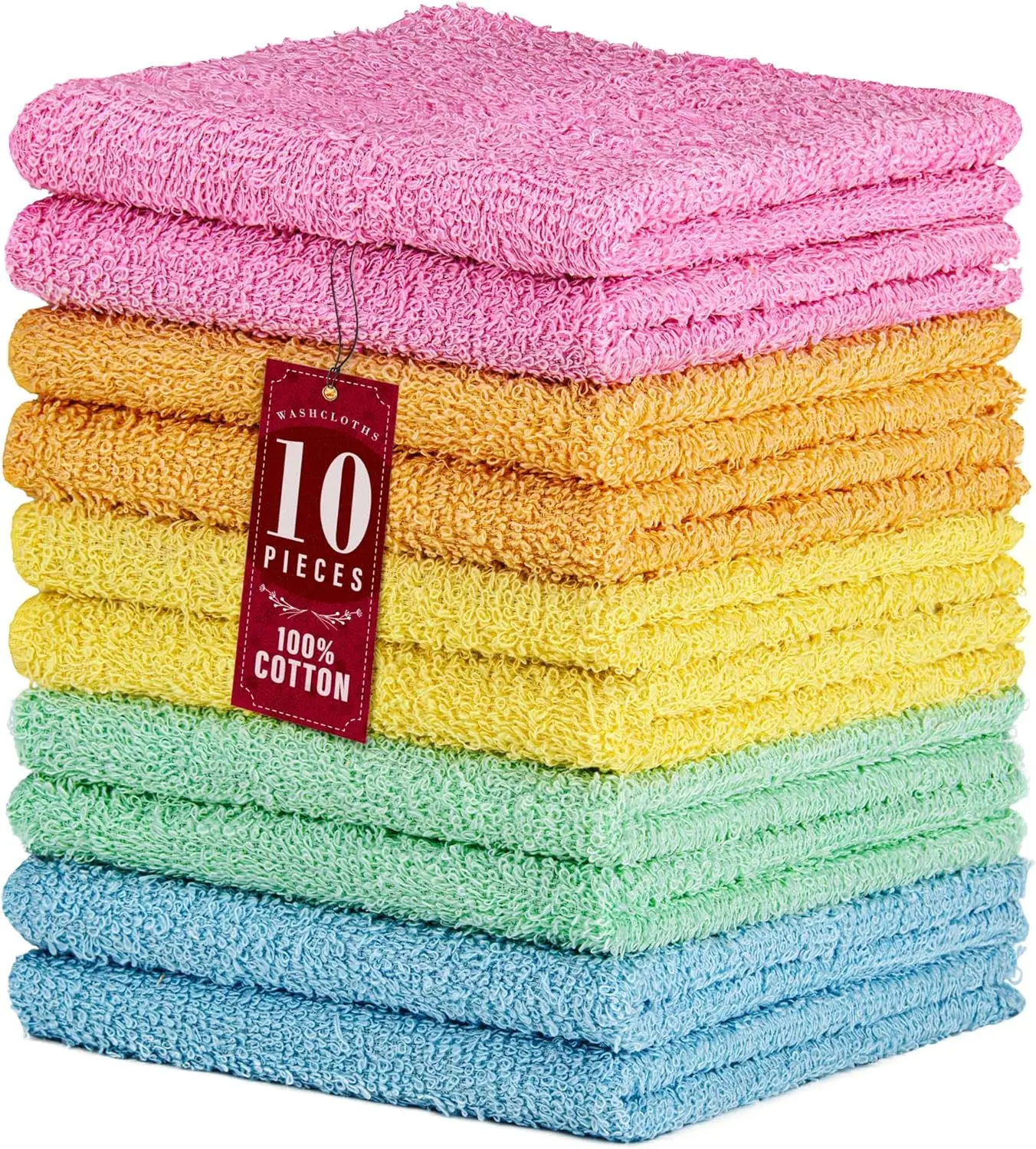 10 Pack 100% Cotton Wash Cloths, 12x12 Inch Ultra Soft & Absorbent, Assorted Colors, Machine Washable
