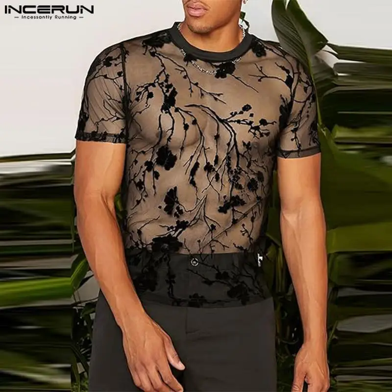 INCERUN Tops 2024 American Style Men\'s Sexy See-through Printed T-shirts Leisure See-through O-neck Short Sleeved Camiseta S-5XL