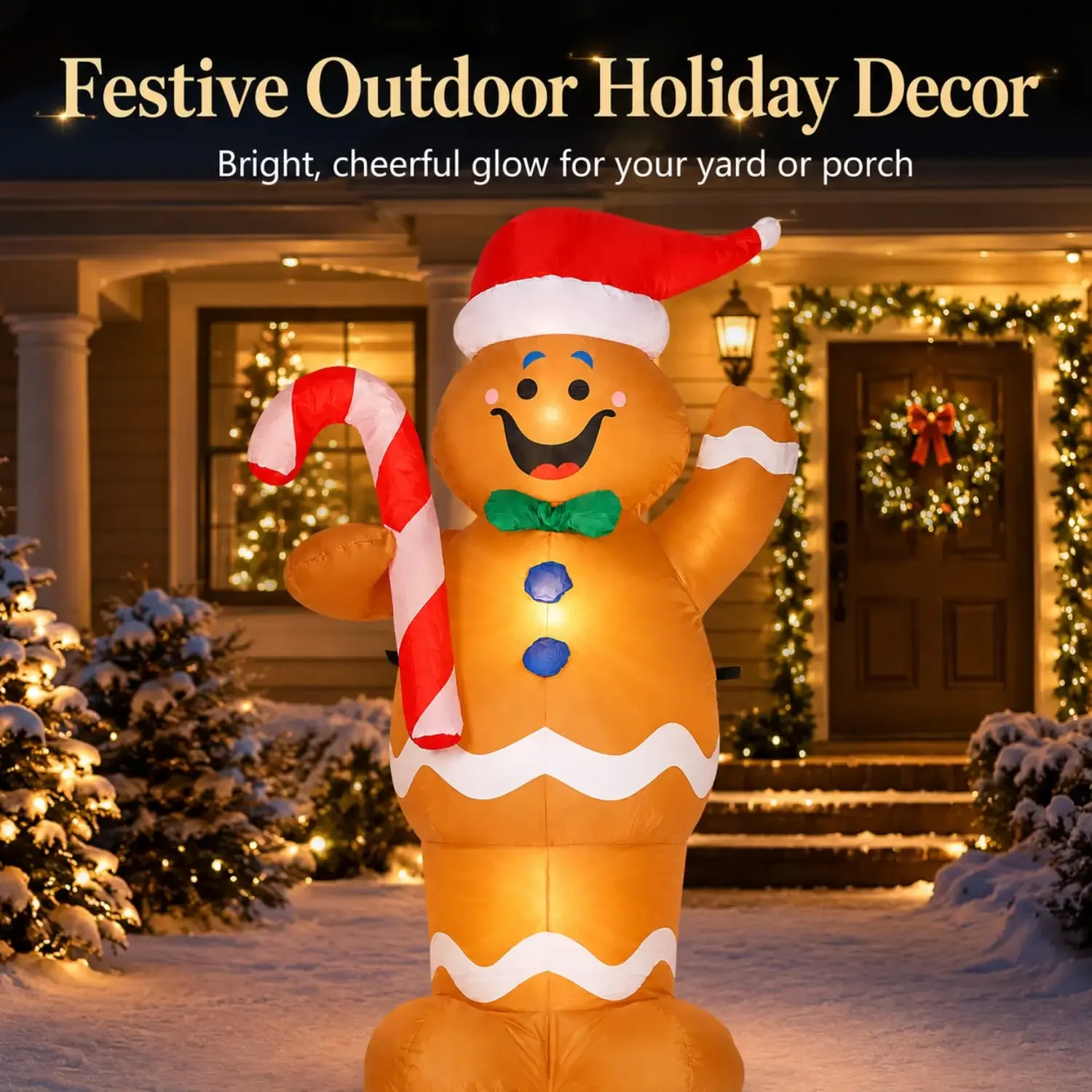 5 Feet Light Up Inflatable Gingerbread Man With Santa Hat & Candy Cane, SFB7530S1A Fan Powered Airblown Christmas Lawn Decor, Weatherproof Holiday Party Display Prop