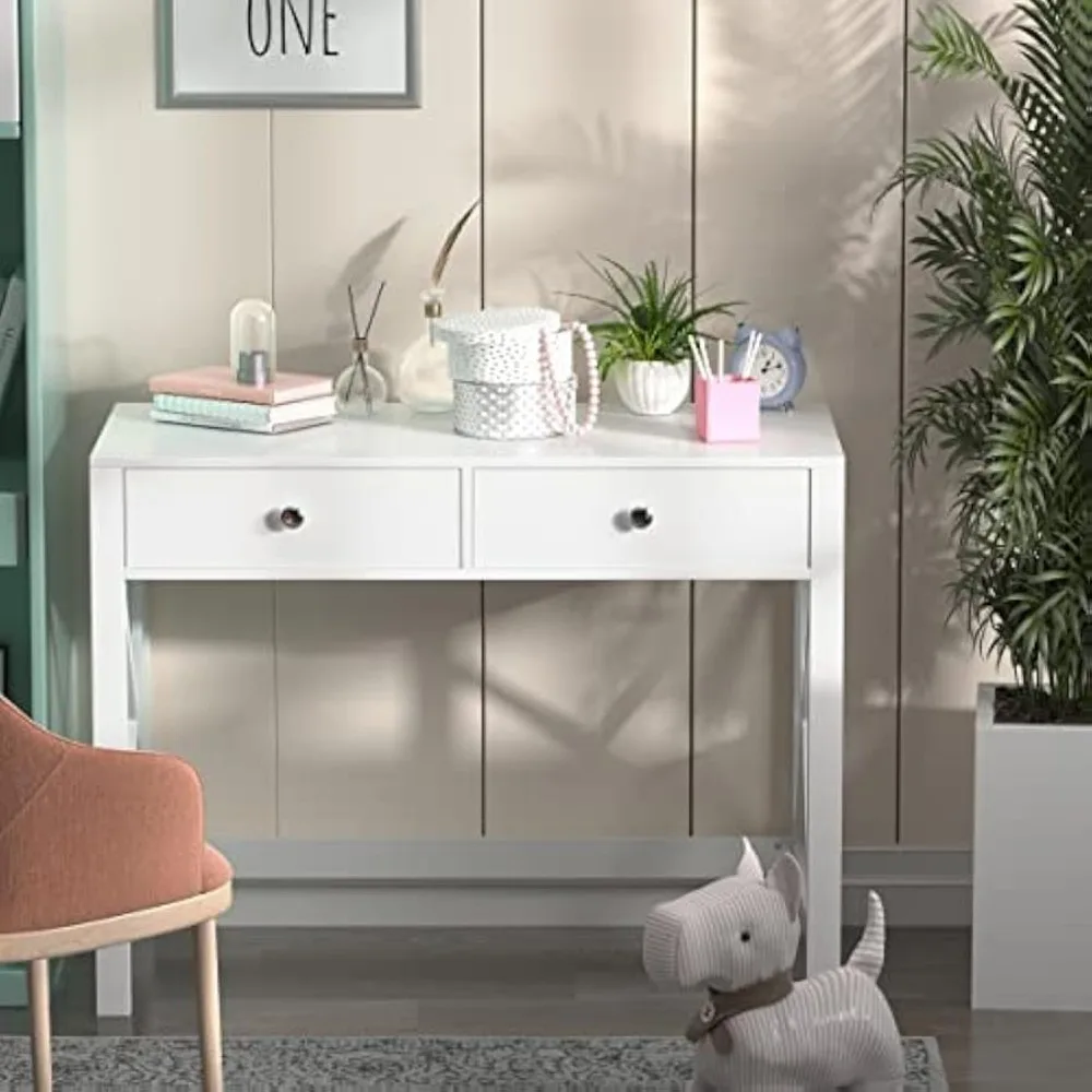 Modern White Home Office Desk with Drawers - Compact Writing Desk for Computer and Makeup Vanity in Bedroom or Study