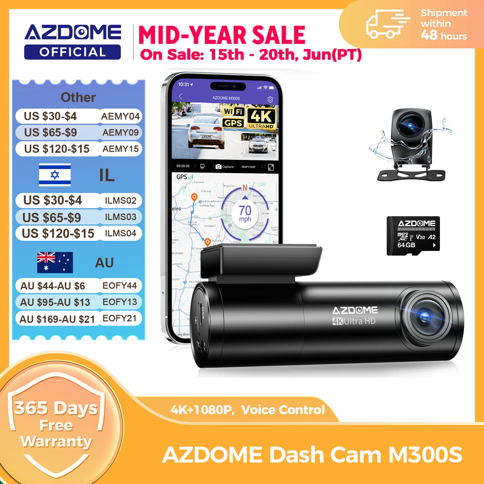 AZDOME M300S Kamera samochodowa 4K z przodu i z tyłu, wbudowany ADAS, WiFi, GPS, darmowa karta 64GB, sterowanie głosowe, noktowizor