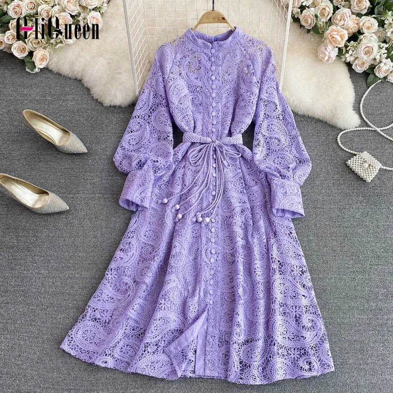 

Runway Summer White Half Sleeve Stand Neck Women Sexy Mini Hollow Out Lace Dress Elegant Ladies Sashes Party Dresses Vestidos