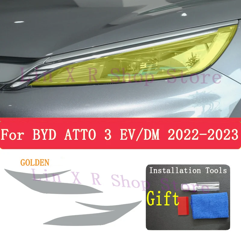 For BYD ATTO 3 EV/DM 2022-2023 Accessories 2 Pcs Car Headlight Protective Film Headlamp Restoration Transparent Black TPU Sticke