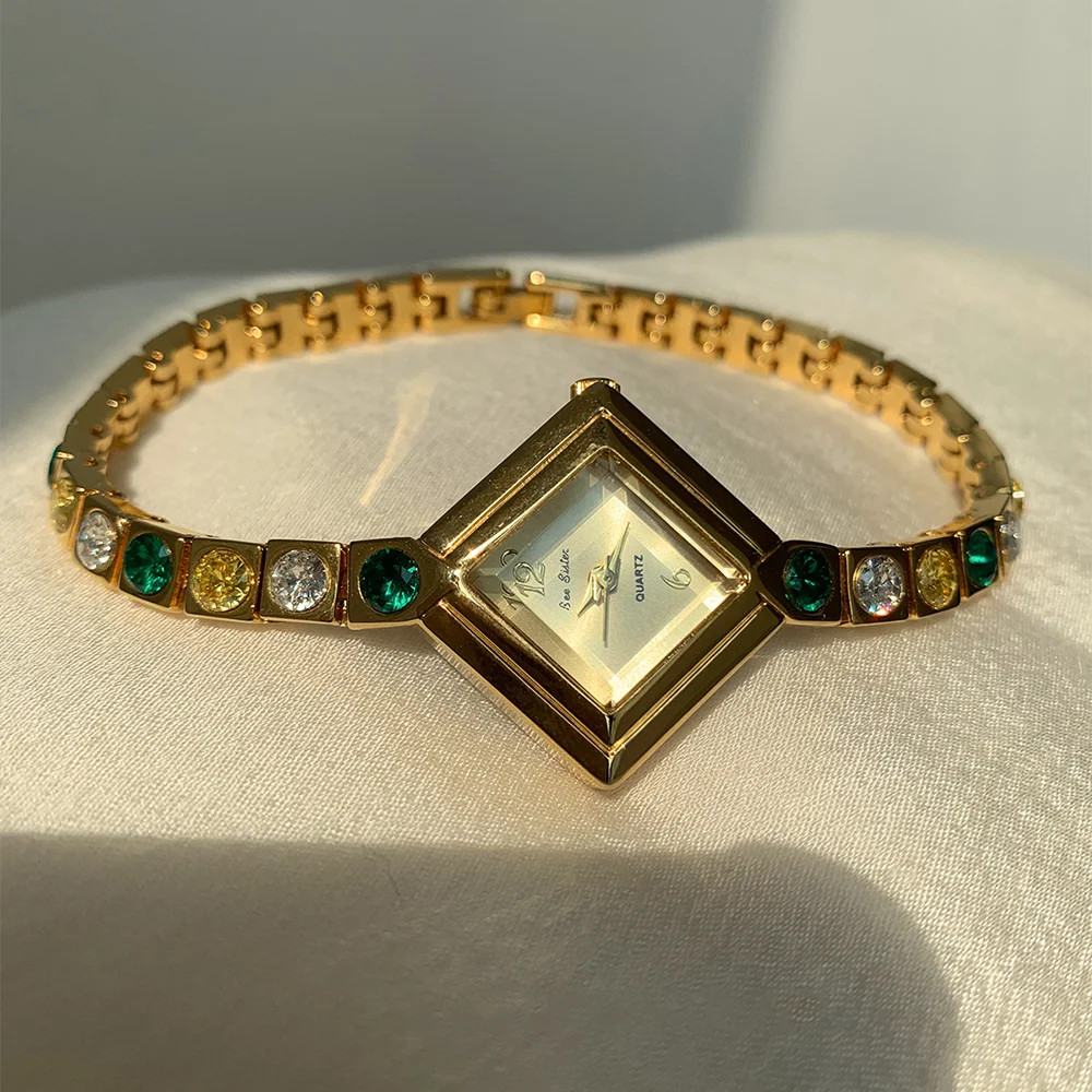 高級ヴィンテージ女性の腕時計グラデーションダイヤモンドジュエリーブレスレットアンティークスプリンググリーン防水レディース時計腕時計ギフト