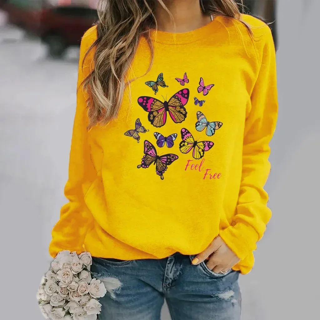 Butterfly Print Long-sleeved Crew-neck Hoodie Woman Streetwear Women  Sweatshirt  Aesthetic  Sweatshirts