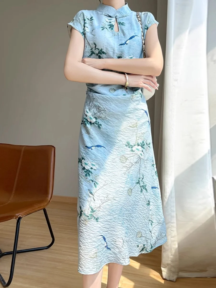 

New Chinese Sle Revamped Dr Women's Summer Vintage Design Print ort Sve Dr Folded Hemline Gown