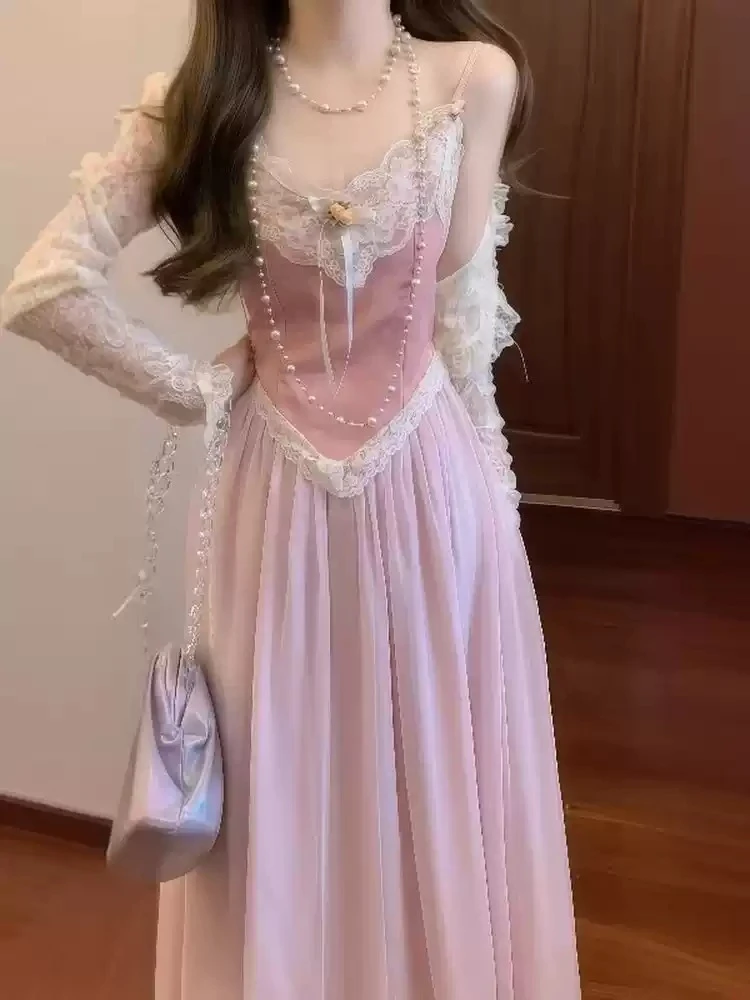 

French Style Sweet Summer 2piece Sets Women Y2k Lace Cardigan + Strap Dresses Japanese Chic Pink Casual Lovely Party Outfits New