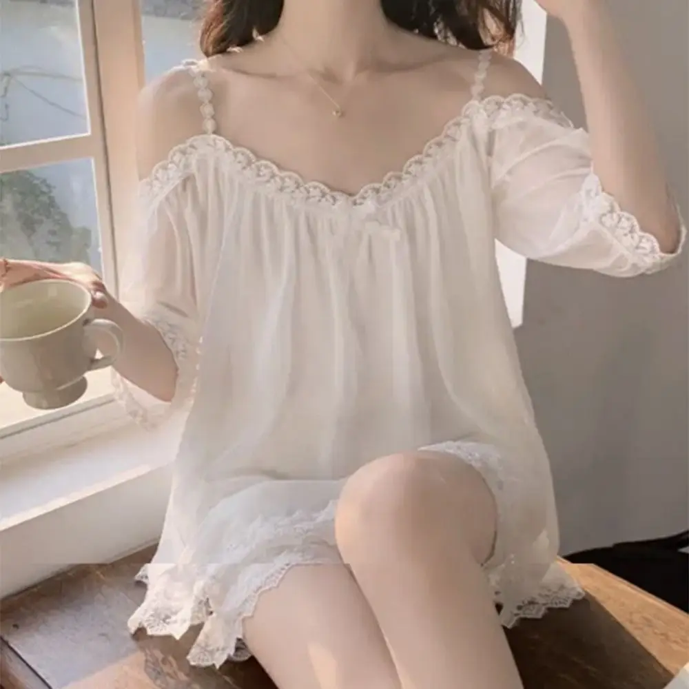 Мягкий женский сетчатый пижамный комплект, эластичная ночная рубашка, шорты на подтяжках, пижамный костюм с открытыми плечами, женские комплекты одежды для сна