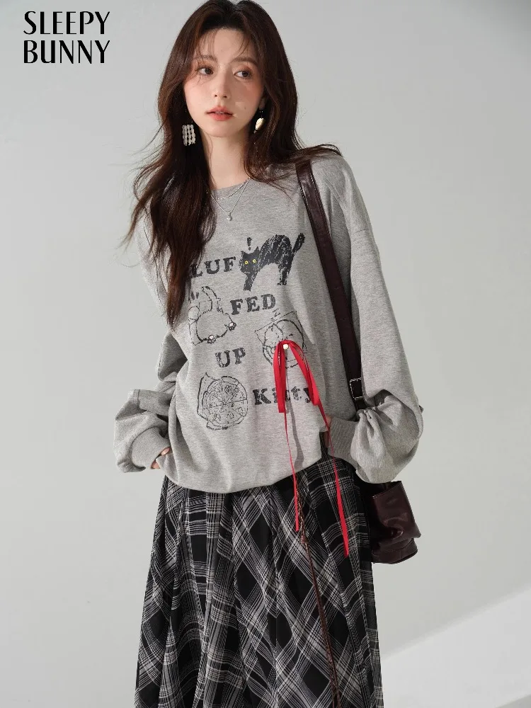 

Повседневная толстовка с принтом кота, женский осенний свободный пуловер с круглым вырезом и длинными рукавами, оригинальная толстовка с рисунком, модная одежда