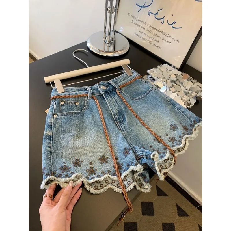 

National Style Embroidery Tassels Retro Light Blue A-line Denim Shorts Women's Summer Thin Small Pants New Exquisite Casual