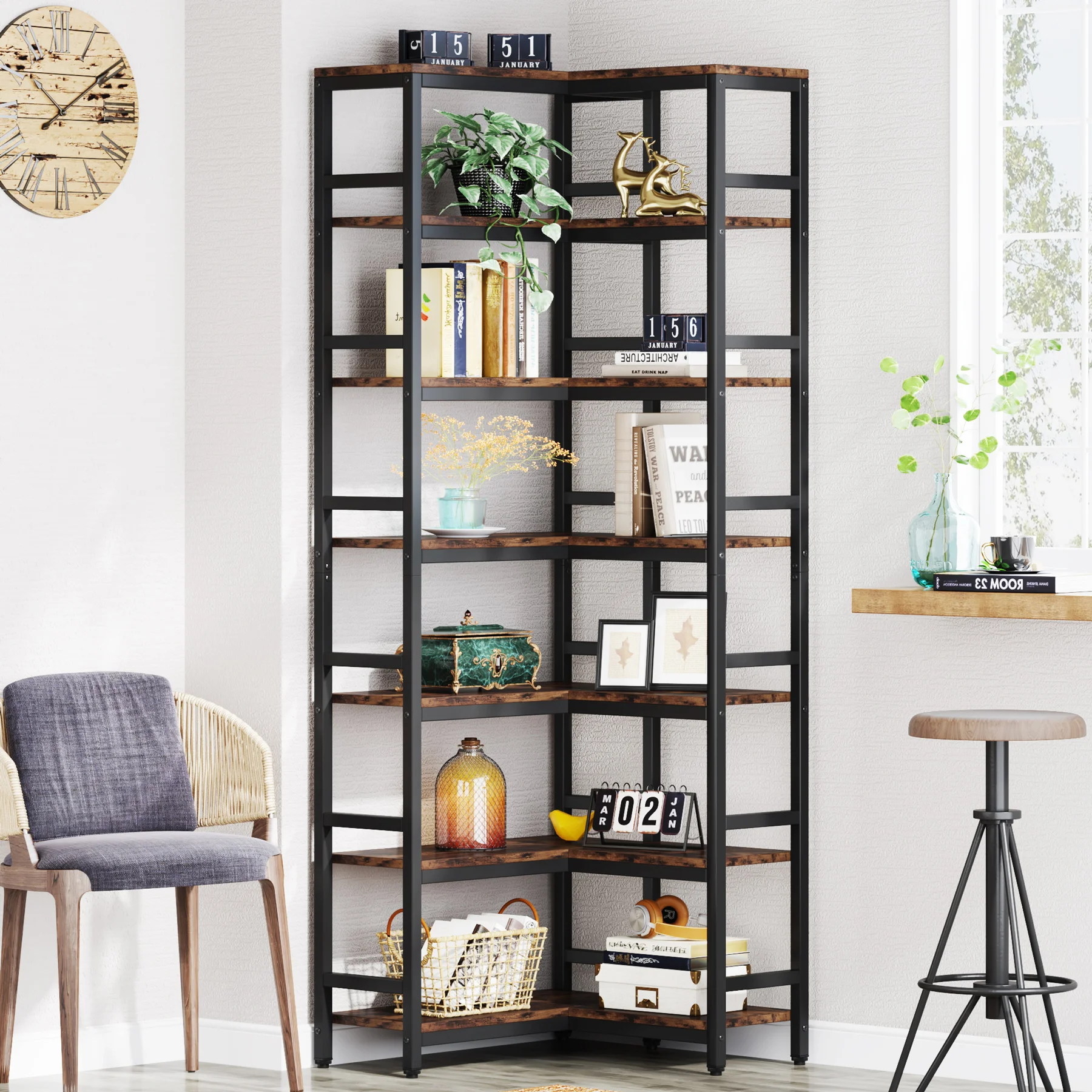 Tribesigns 7 Tier Tall Corner Bookshelf, 78.74”Industrial Corner Etagere Bookcase