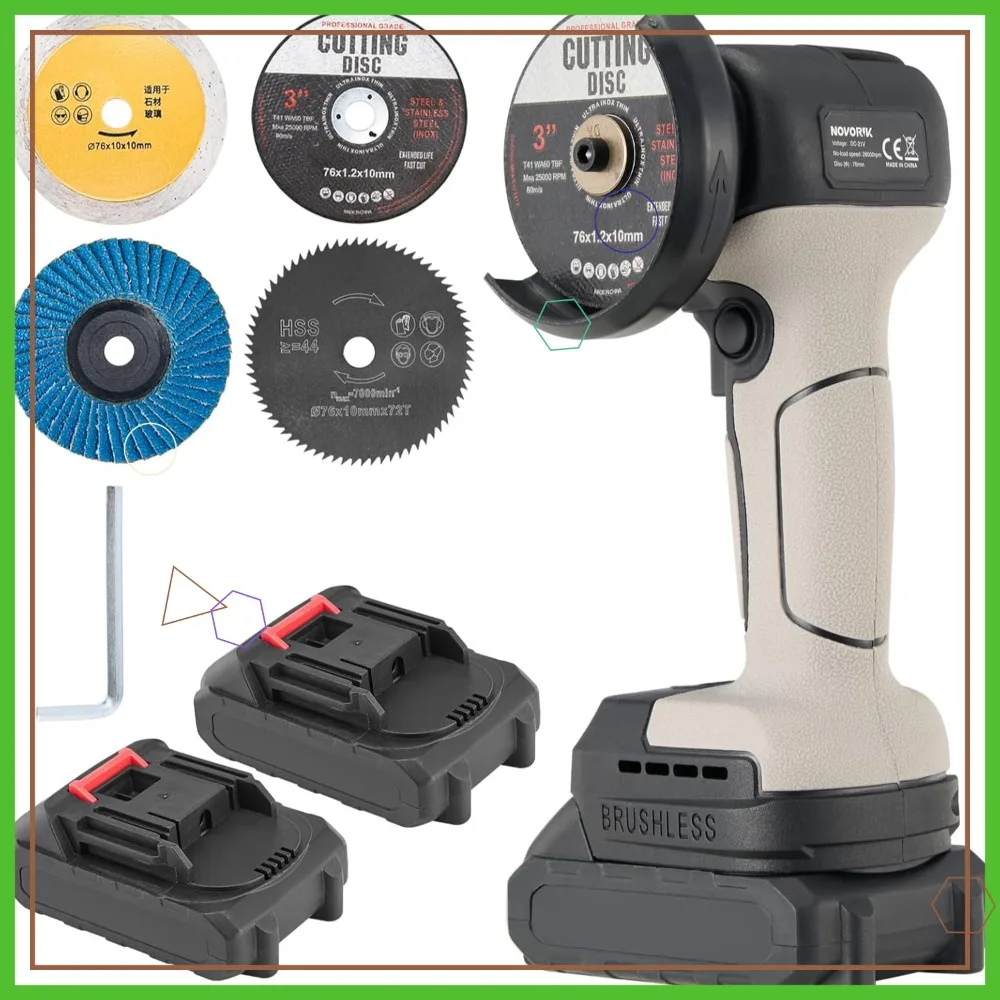 

Бесщеточная аккумуляторная мини-угловая шлифовальная машина с 2 батареями и 5 дисками для дерева, металла, камня, бетона