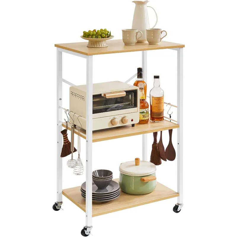 

Kitchen Shelf Cart, 3-Tier Microwave Oven Stand, Baker’s Rack with Metal Frame and 8 Hooks, Industrial Print