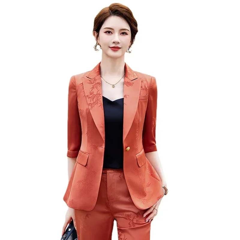 Pop Two-piece Sets Of Pants And Blazer For Women Printed Suit For Female Elegant Clothing With Acetate Yellow Khaki Spring Summe