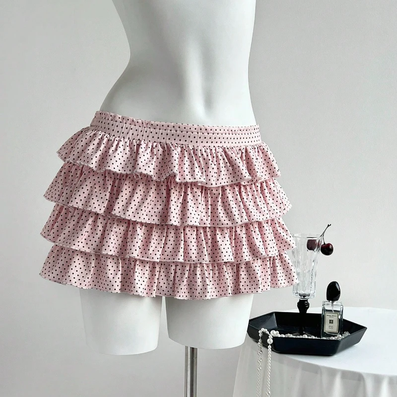 

2026 Summer New Sweet and Simple Pink Polka Dot Versatile High Waisted Black Fungus Edge Skirt for Women