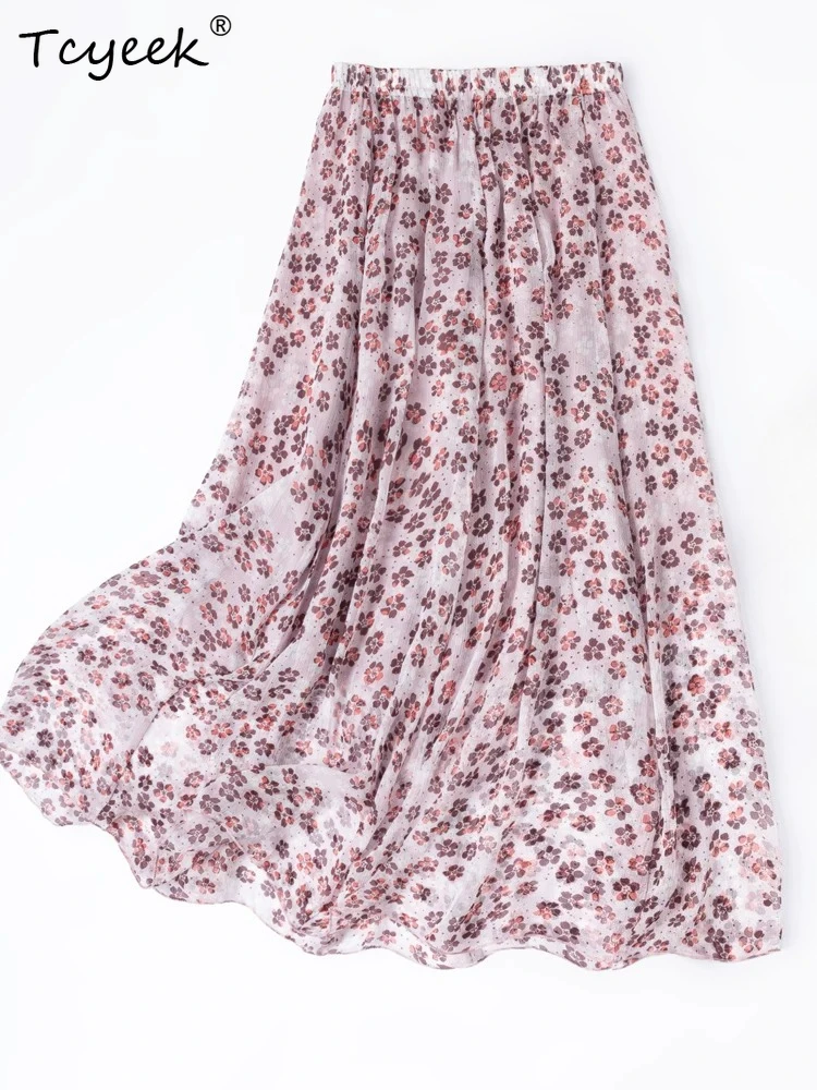 Tcyeek 100% Real Silk Summer Skirts for Women 2026 Fashion Beach Skirt Woman Clothes Elastic Waist Print Faldas Para Mujeres