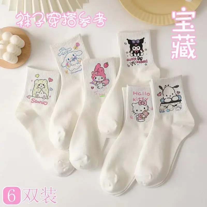 6 Stuks Hello Kitty Anime Kawaii Sanrio Zachte Ins Mode Sokken Vrouwelijke Schattige Cinnamoroll Kuromi Lange Zweet Kous Geschenken Voor Kinderen