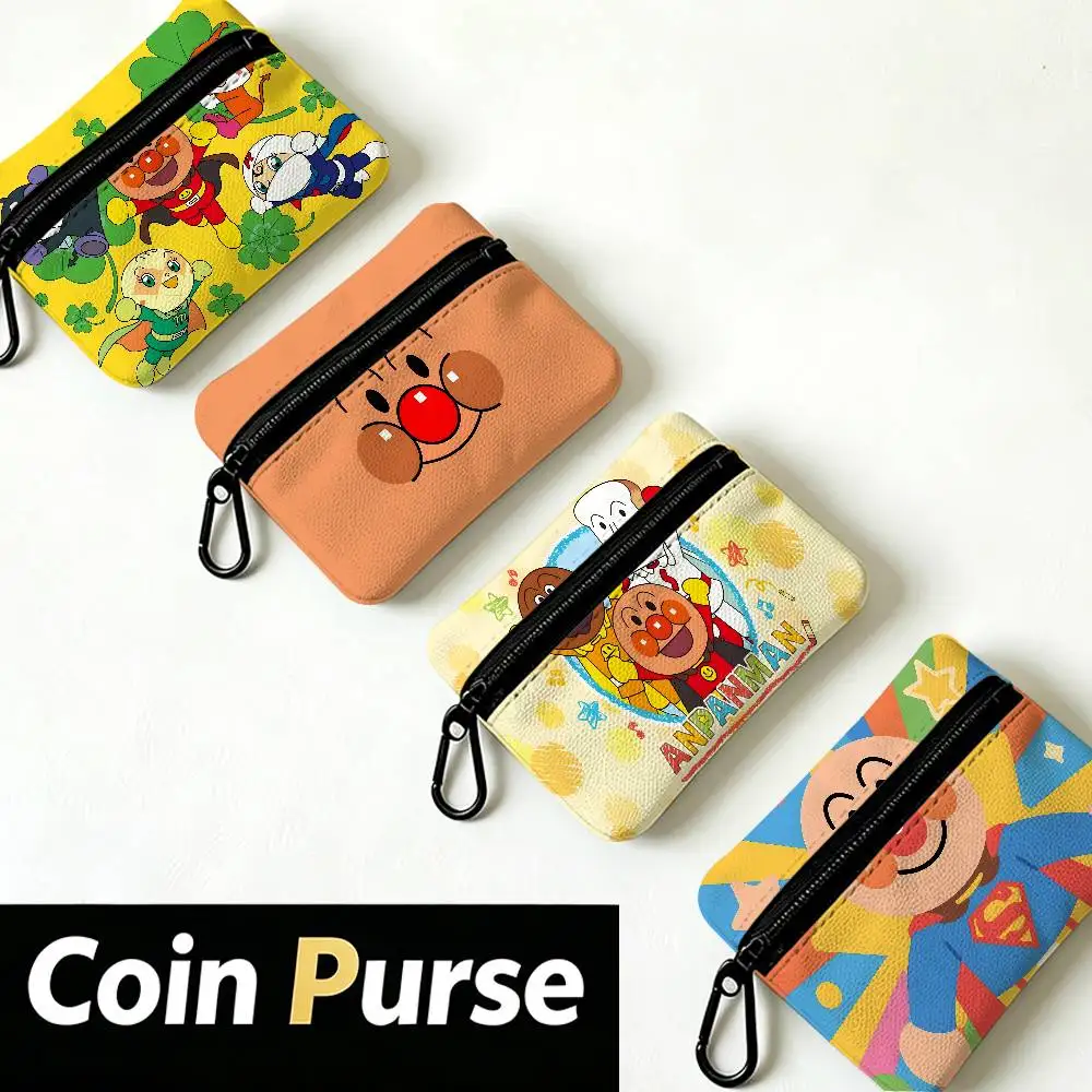 A-Anpanman Anime White Oxford Cloth Zipper Coin Purse Lightweight Hanging Key Pouch Card Holder For Daily Use