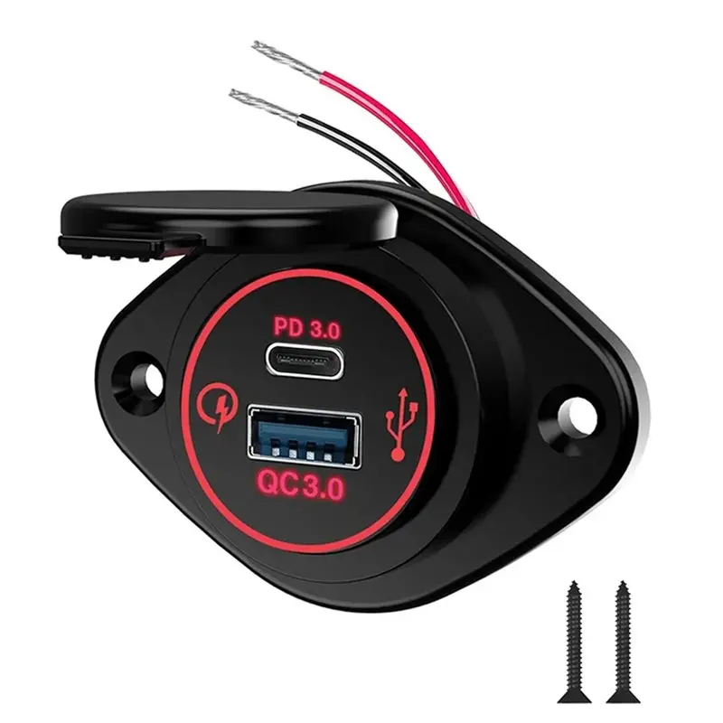 A48P-5X Modified Multifunctional Car Phone Charger Waterproof Car RV Yacht QC PD Dual QC3.0 USB Fast Charging,Red Display
