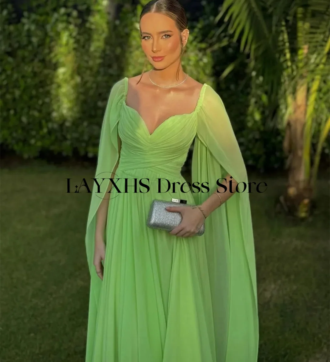 LAYXHS Novel Green V-Neck Evening Dresses A-Line With Cape Floor-Lenght Prom Dresses Customized فساتين سهره