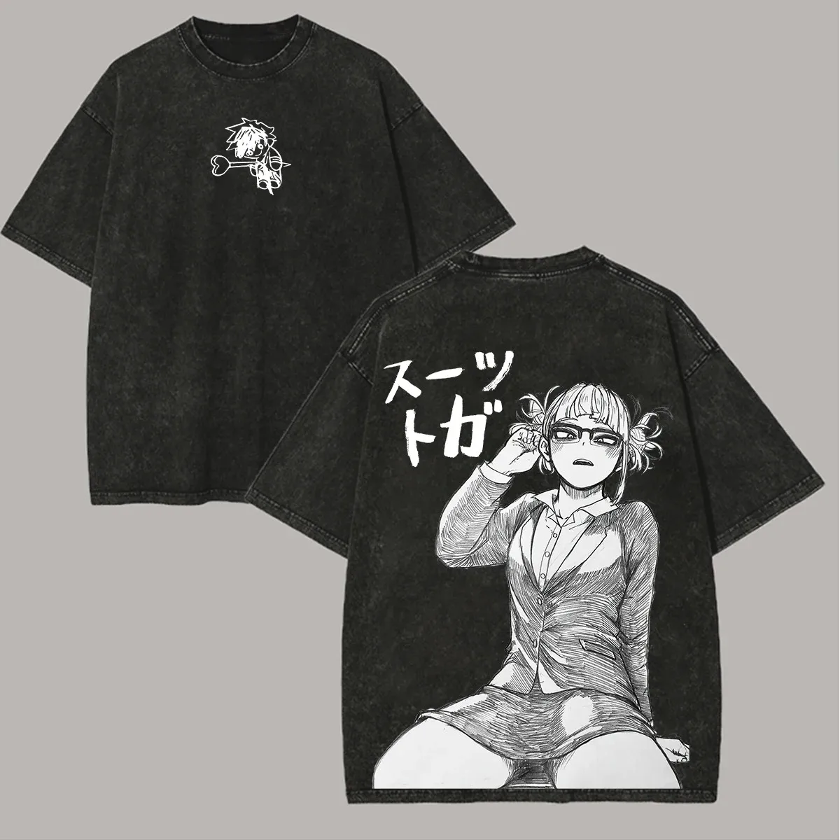 Anime My Hero Academia Toga Himiko T-shirt Men's Unisex Clothing Vintage Washed T Shirt Short Sleeve 100%Cotton Tees Tops