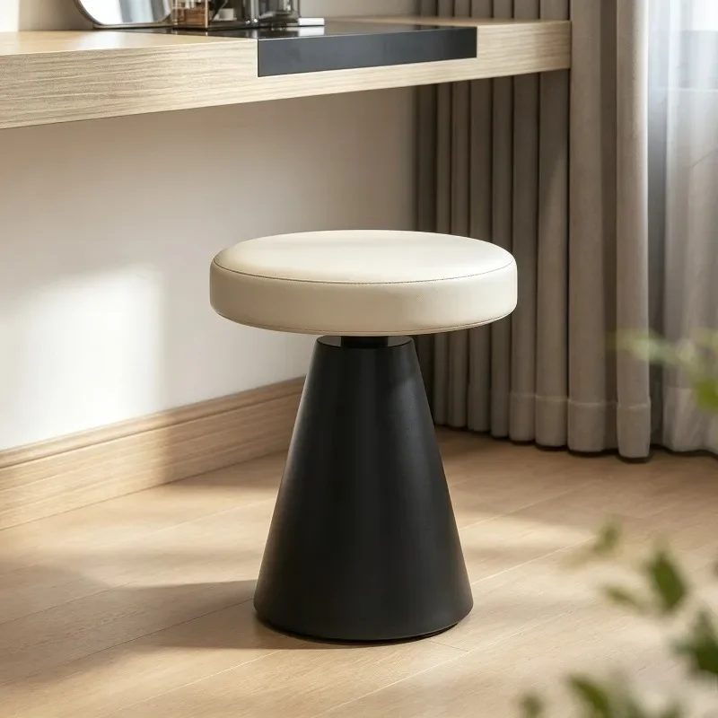 Modern Minimalist Backless Vanity Stool Round PU Cushion Matte Black Wide Conical Pedestal Base Dressing Table Makeup Bench