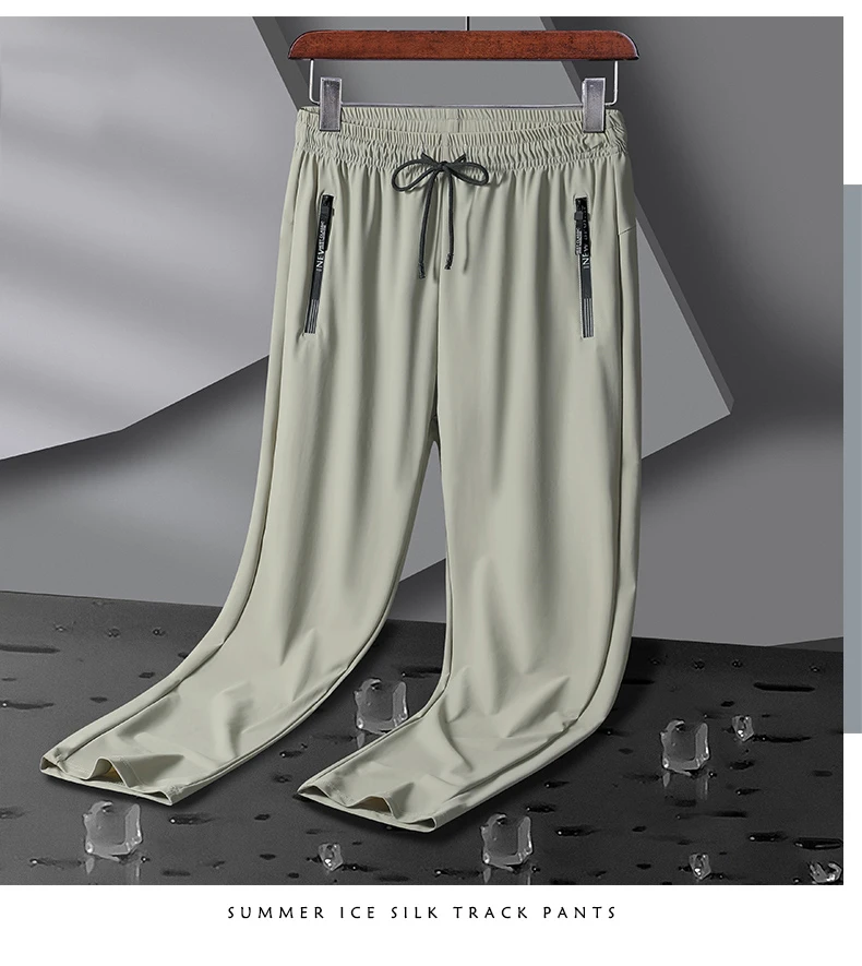 Men's Athletic Stretchy Ice Silk Quick Dry Pants Zipper Pockets Lightweight Sweatpants Outdoor Hiking Breathable Running Workout