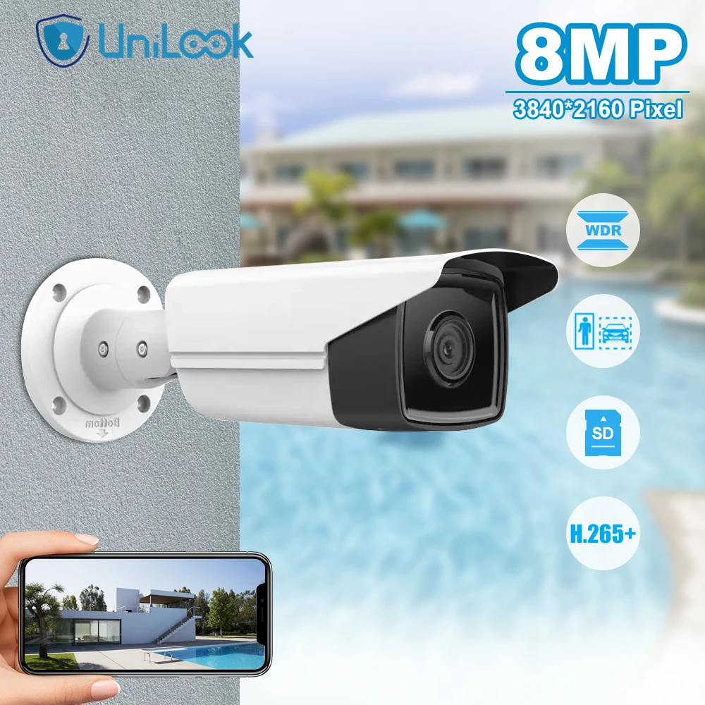 

Unilook 4K 8MP AcuSense Fixed Bullet Network Camera Outdoor Motion Detection 2.0 H.265 One Way Audio IP67 POE IP Camera