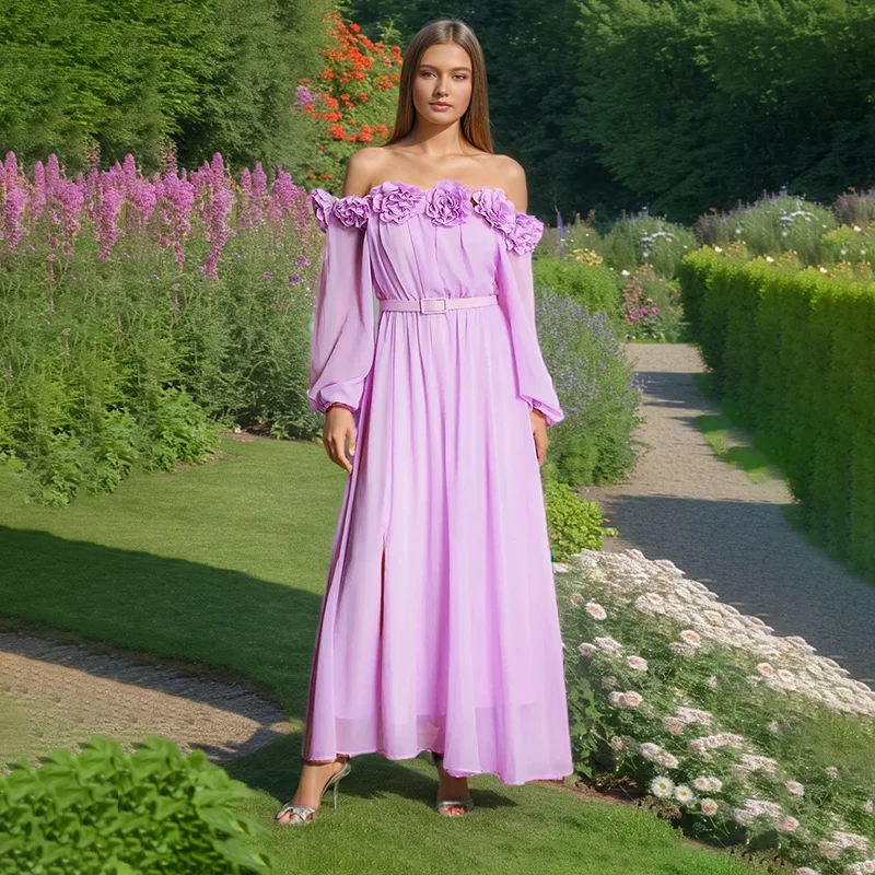 

French sexy long dress, new fashion heavy industry splicing flower high-end dress, simple luxury temperament elegant high-end re