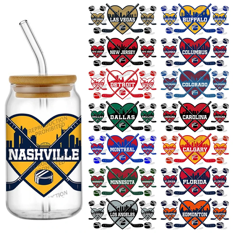 Patrón del equipo de Hockey sobre hielo UV DTF para lata de vidrio Libbey de 16oz, pegatinas 3D para teléfono, taza impermeable, envoltura de café, pegatinas decorativas para coche