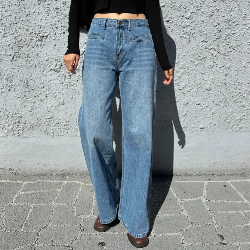 Vintage Blue High Waisted wide leg Jeans Women Korean Fashion Streetwear Boyfriend Baggy Jeans Female Pocket Denim Pants