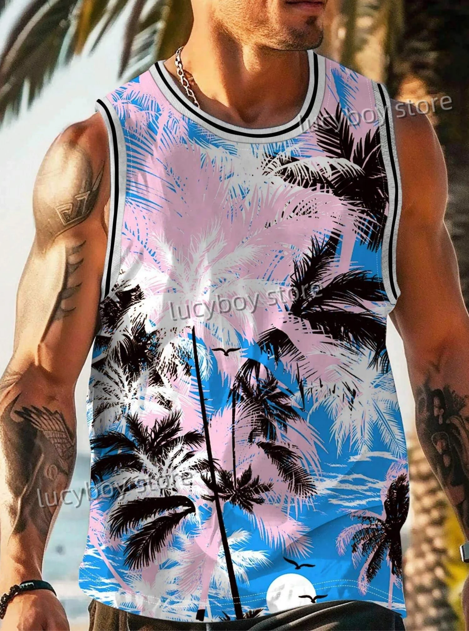 

Hawaiian coconut tree Print vest Round Neck Casual Tank Top mens sport daily vest Boyfriend Style sport basketball vest