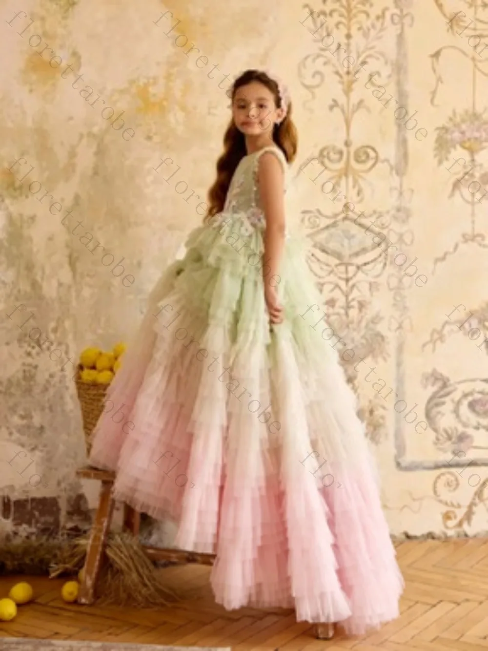 Customized Gradient Pink Green Sleeveless Flower Girl Dress Sequin Appliques Tiered Ruffle Tulle Long Gown Kids Birthday Wedding