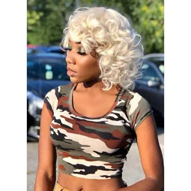 Short Curly Wig for Women with Bangs Loose Curly Short Curly Wigs White Blonde